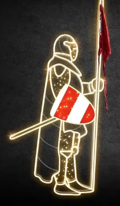 Eco Fix 2D LED light knight VI, tarcza w prawej ręce, 245 × 110 cm, ciepły biały, stojąca, druk 3D