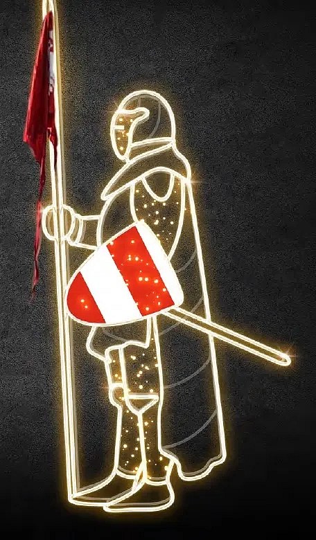 Eco Fix 2D LED Light Knight VII, tarcza w lewej ręce, 245 × 110 cm, ciepła biel, stojąca, druk 3D