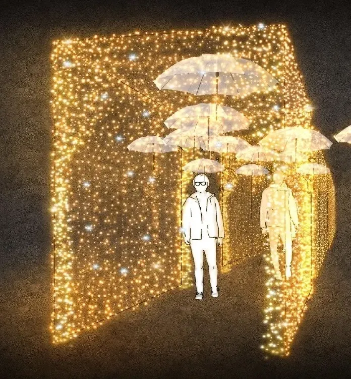 Tunel świetlny 3D LED z parasolami, 210 x 300 x 400 cm, ciepła biel z lampą błyskową, 36 V, 53,7 W, 54 kg, wykonany z 8 części