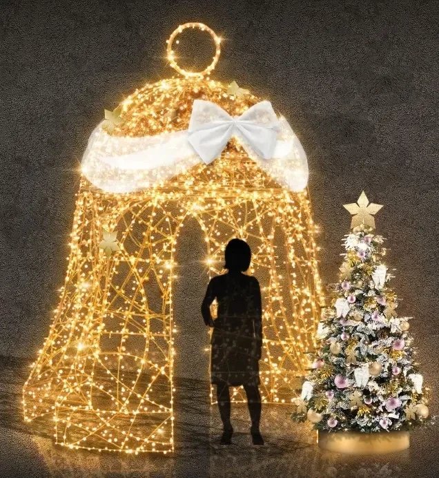 Dzwonek świetlny LED 3D, 350 cm, pozłacany, ciepły biały z kryształem, wykonany z 6 części, biała kokarda, stojący