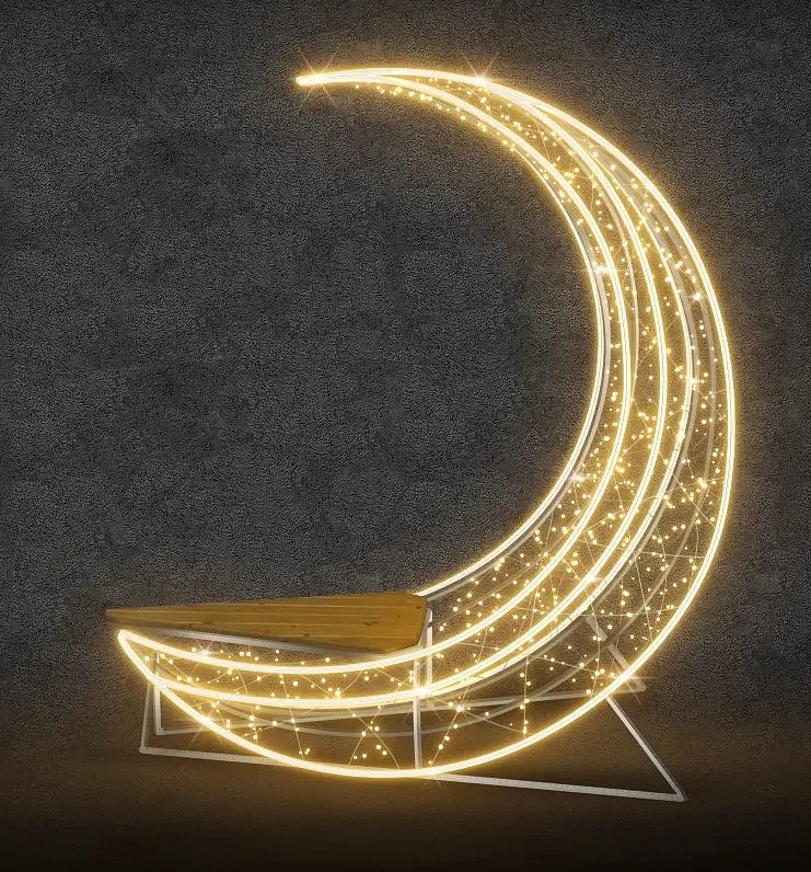 Ławka świetlna 3D LED w kształcie księżyca, 200 × 194 × 80 cm, ciepła biel, 36 V, 47,5 W, 29 kg