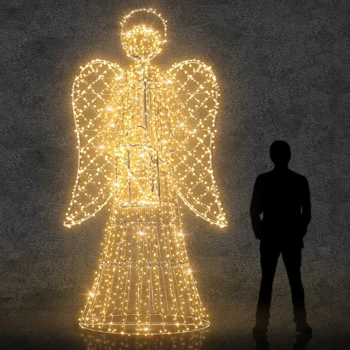 Anioł 3D LED z latarnią, 300 cm, z kryształkami, ciepły biały, aluminium