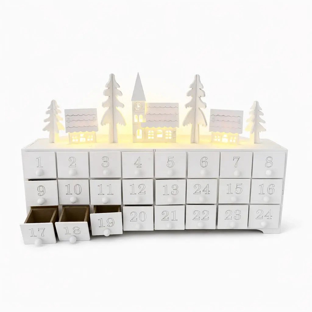 Kalendarz adwentowy z diodami LED, kościół i domki, drewniany, 37,5 × 23 × 8 cm, biały, zasilany 2 bateriami AA