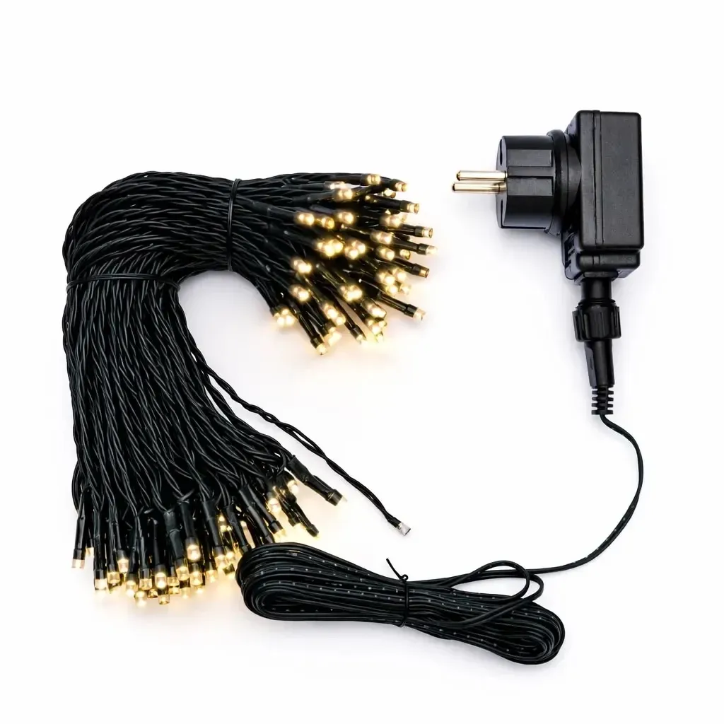 Łańcuch świetlny LED, do użytku na zewnątrz, 20 m, ciepła biel, 100 diod, czarny kabel, IP44, wraz z zasilaczem i pilotem