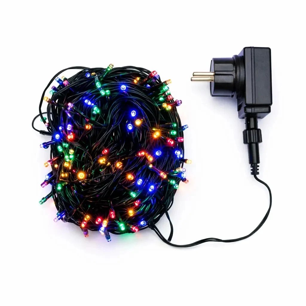 Łańcuch świetlny LED, do użytku na zewnątrz, 40 m, kolorowy, 200 diod, czarny kabel, IP44, wraz z zasilaczem