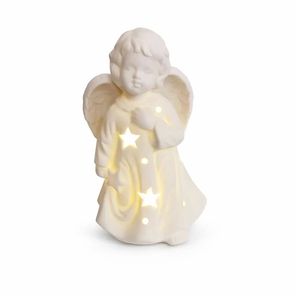 Podświetlany LED ceramiczny anioł 9,3 × 7,6 × 14,9 cm, ciepły biały, 3× LR44