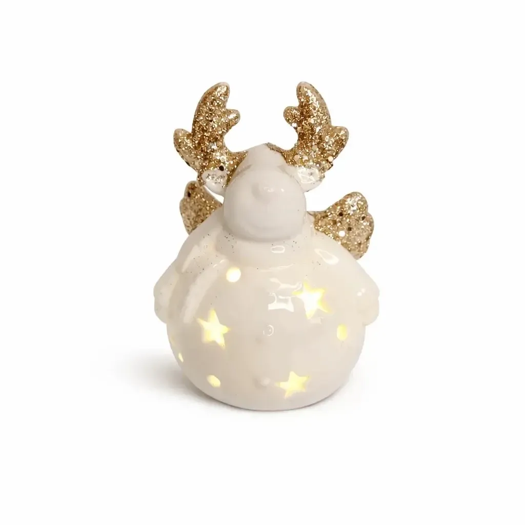 Ceramiczna dekoracja LED w kształcie renifera, 7,3 × 6,5 × 9,3 cm, ciepła biel, 2 × LR44