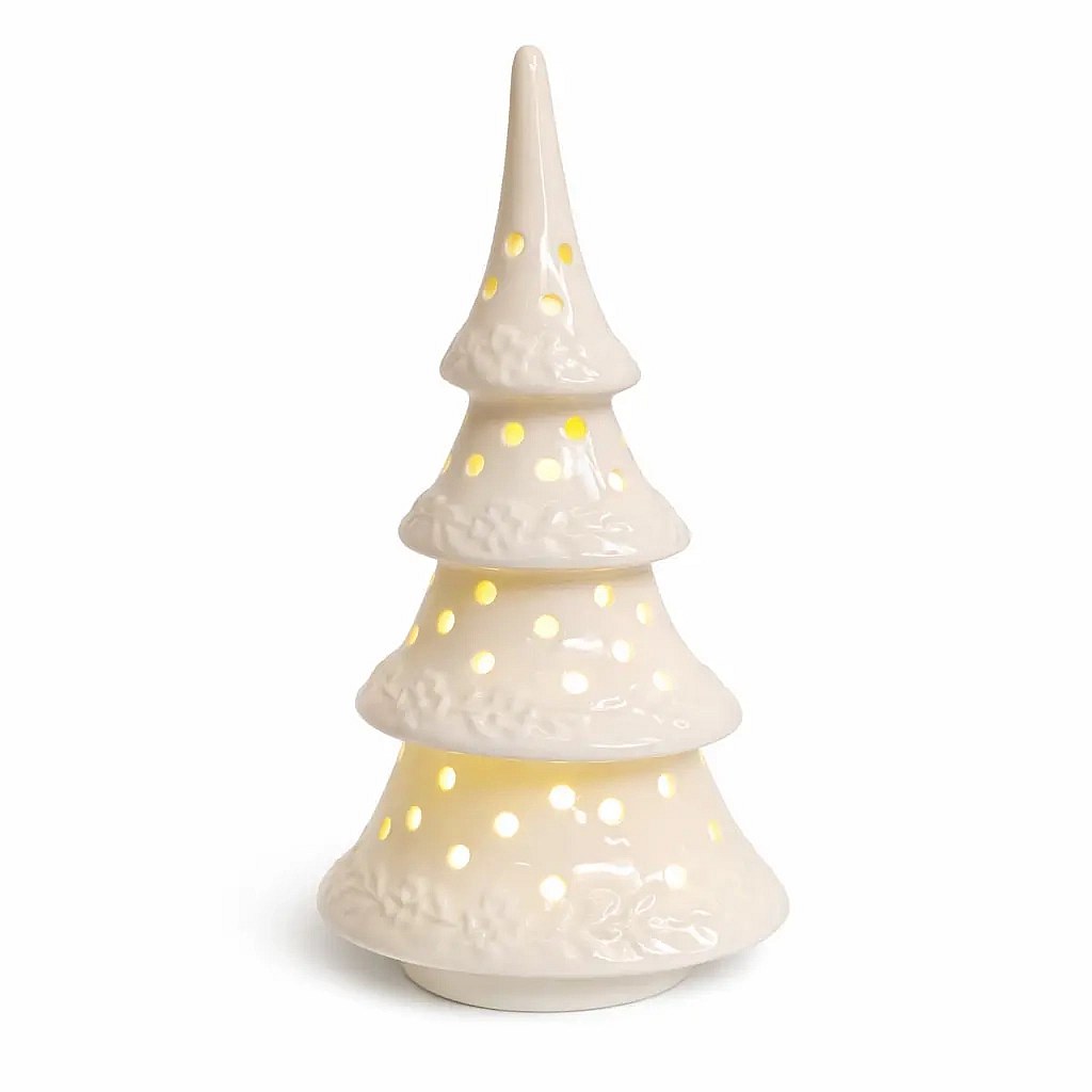Dekoracja LED – ceramiczna choinka, 9 × 7,4 × 17,8 cm, ciepła biel, 2× LR44