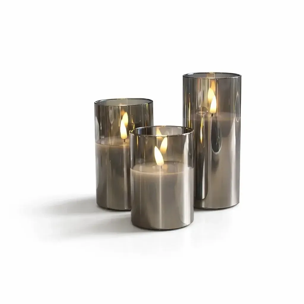 Zestaw 3 świec LED w szklanych kloszach, szare, Ø 7,5 × 10/12,5/15 cm, z pilotem zdalnego sterowania