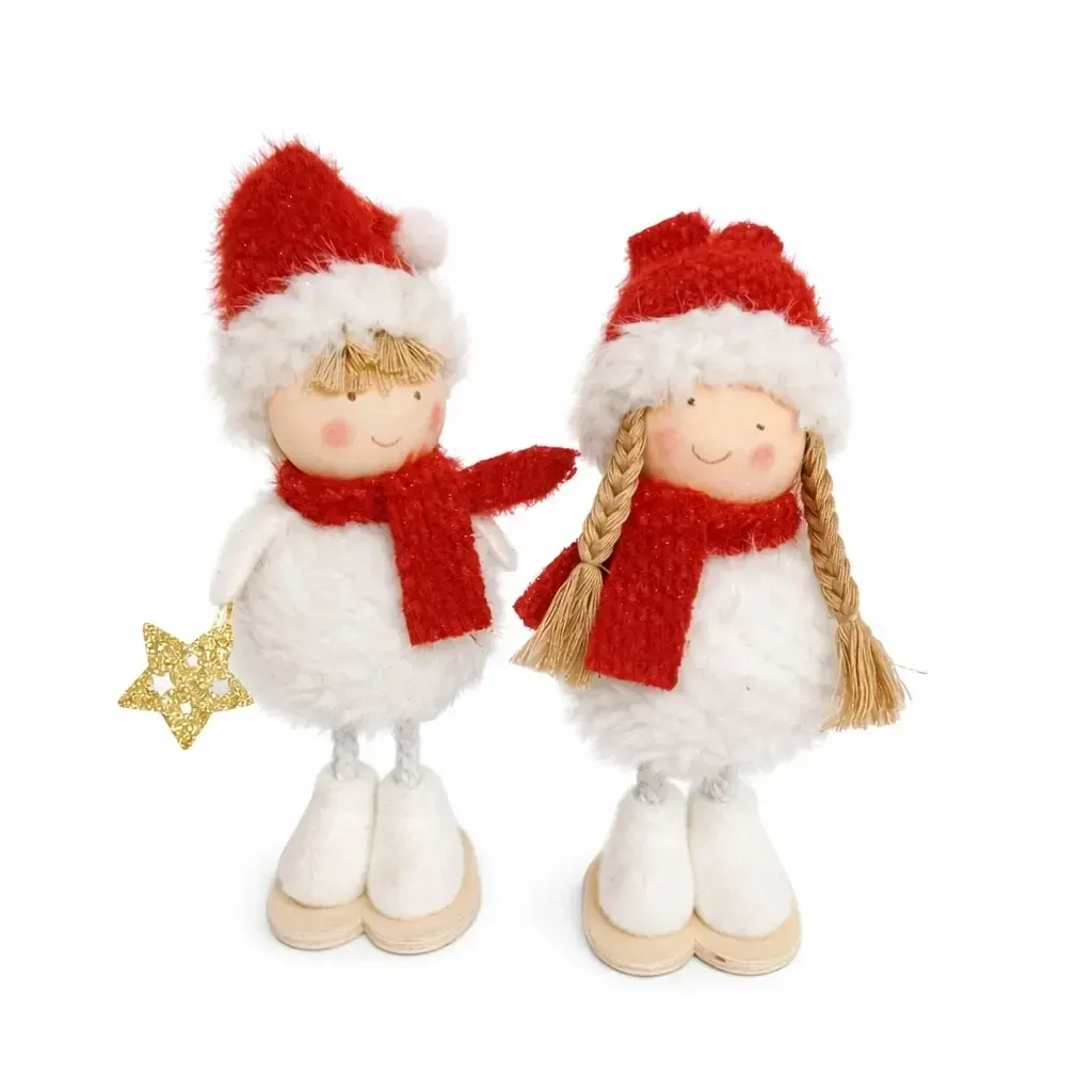 Drewniana dekoracja stołu bożonarodzeniowego dziewczynka i chłopiec, 6 × 18 × 5 cm, stojąca
