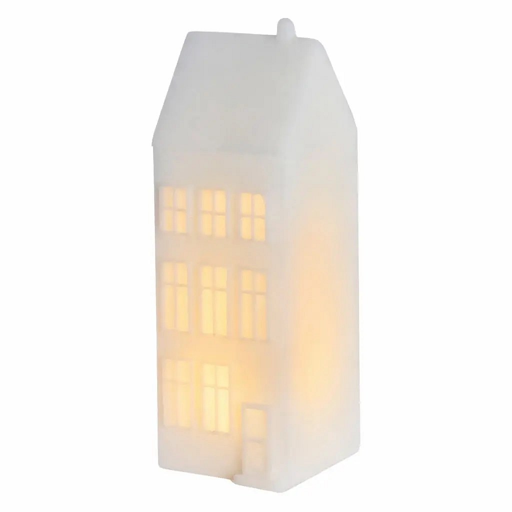 Model domu miejskiego z Kopenhagi (Nyhavn) wykonany w technologii LED, w kolorze woskowym, 6 × 6 × 17,5 cm, ciepły biały, biały