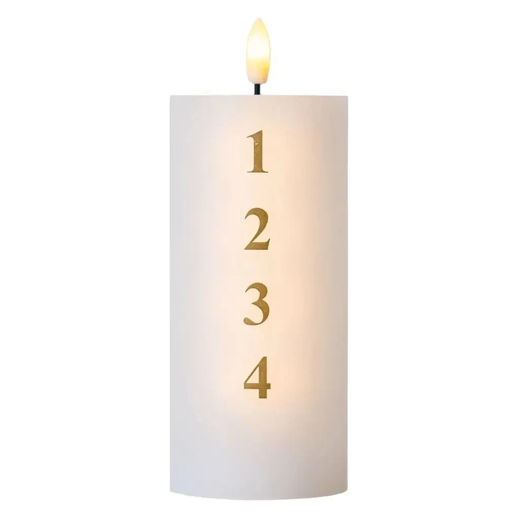 Świeca woskowa na baterie LED Sille Advent z cyframi, Ø 7 × 15 cm, biała/złota