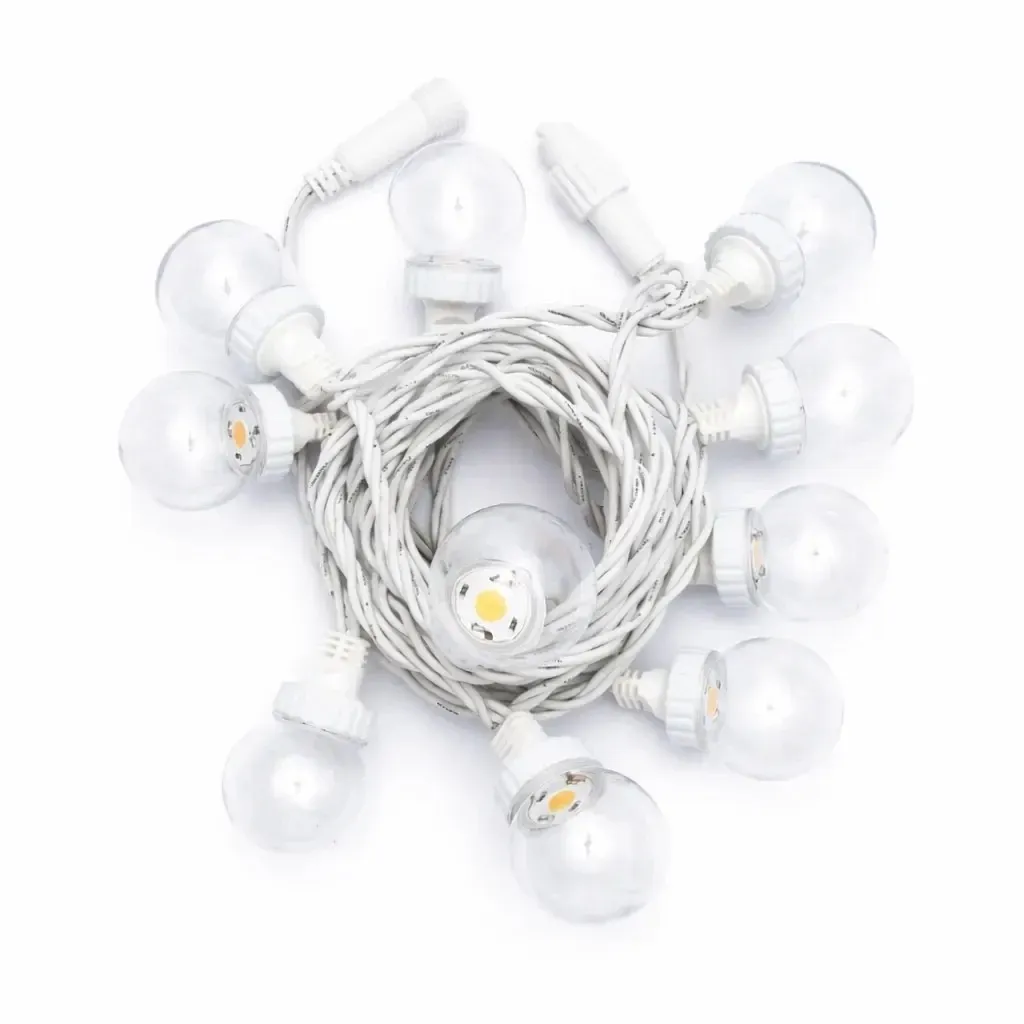 Oświetlenie imprezowe Easy Fix LED, 5 m, do użytku na zewnątrz, 10 przezroczystych kulek, 70 diod w kolorze ciepłej bieli, biały kabel, IP67, przedłużacz