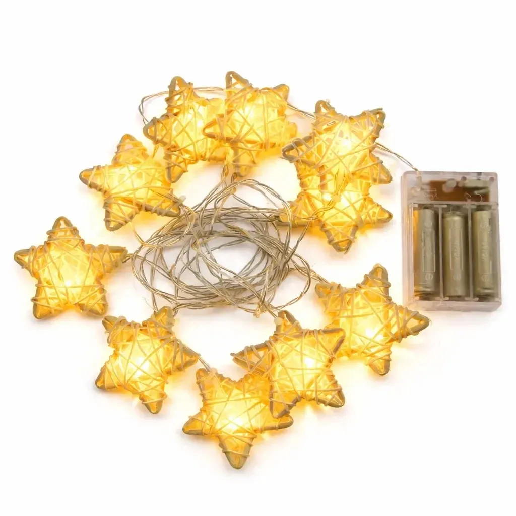 Lampki LED na baterie, gwiazdki z rattanu, 2,8 m, ciepła biel, 10 diod, przezroczysty przewód, IP20 – do wnętrz, 3 × AA