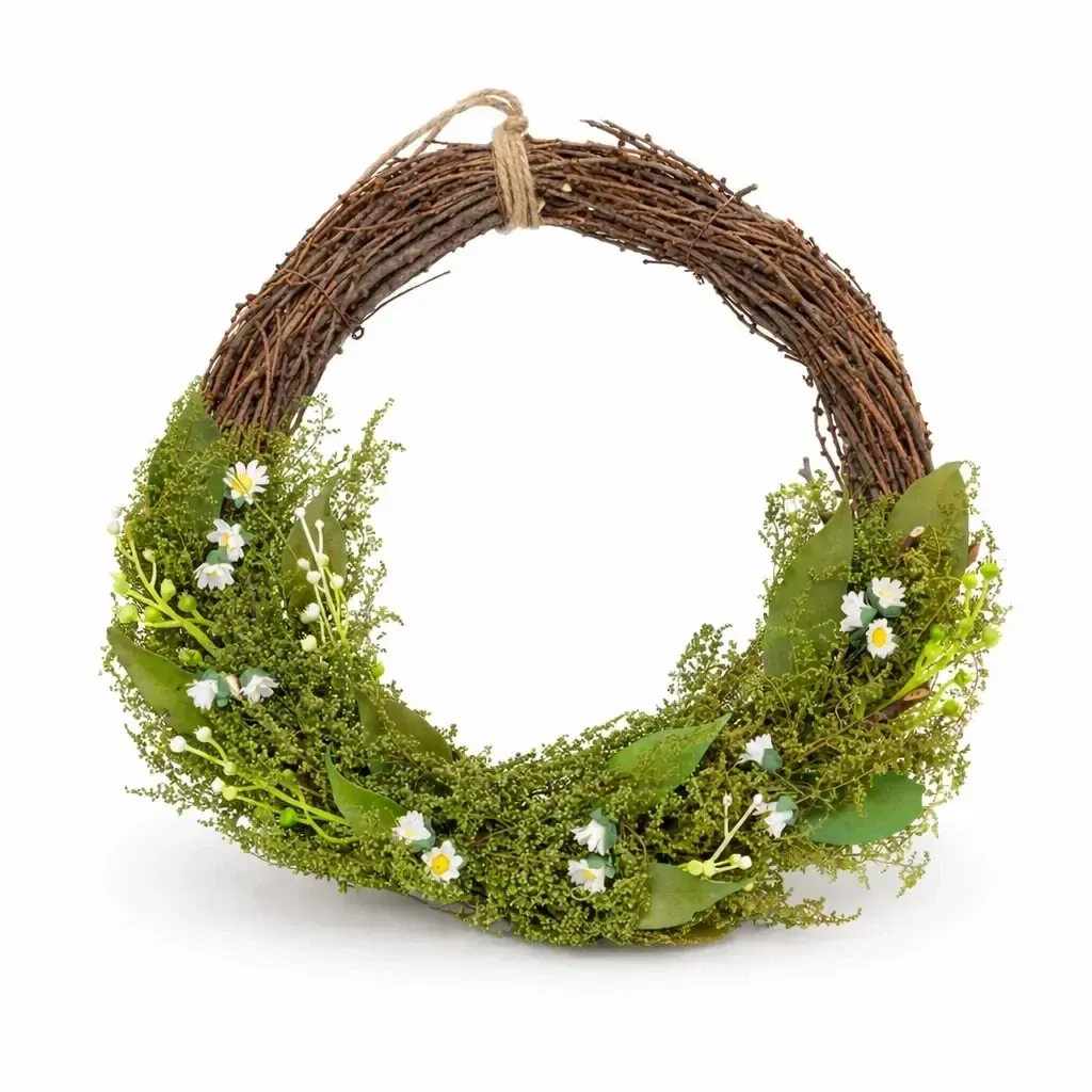 Wielkanocny wianek na drzwi 34 × 31 × 8 cm, wiklina i zielone gałązki z małymi kwiatami, plastik, na zewnątrz