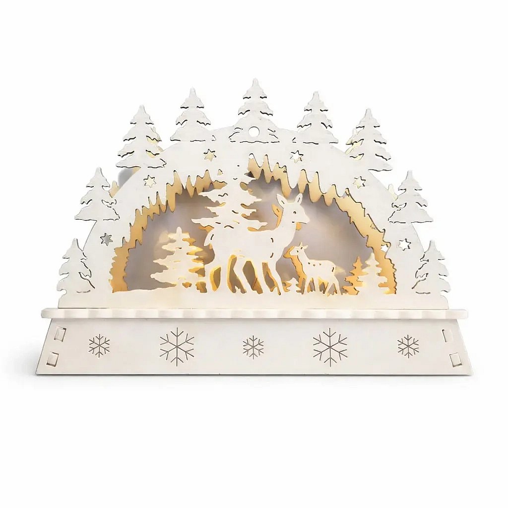 Świąteczny świecznik LED do okna, łania i jelonek w lesie, drewniany, 15 × 11 × 5 cm, ciepła biel, zasilany 2 bateriami AA