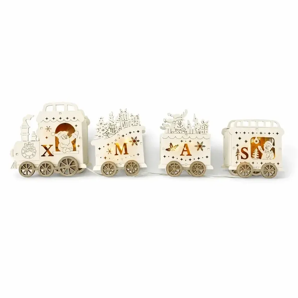 Drewniany pociąg LED z wagonikami, 39,5 × 7,5 × 13 cm, ciepła biel, 2 × AA