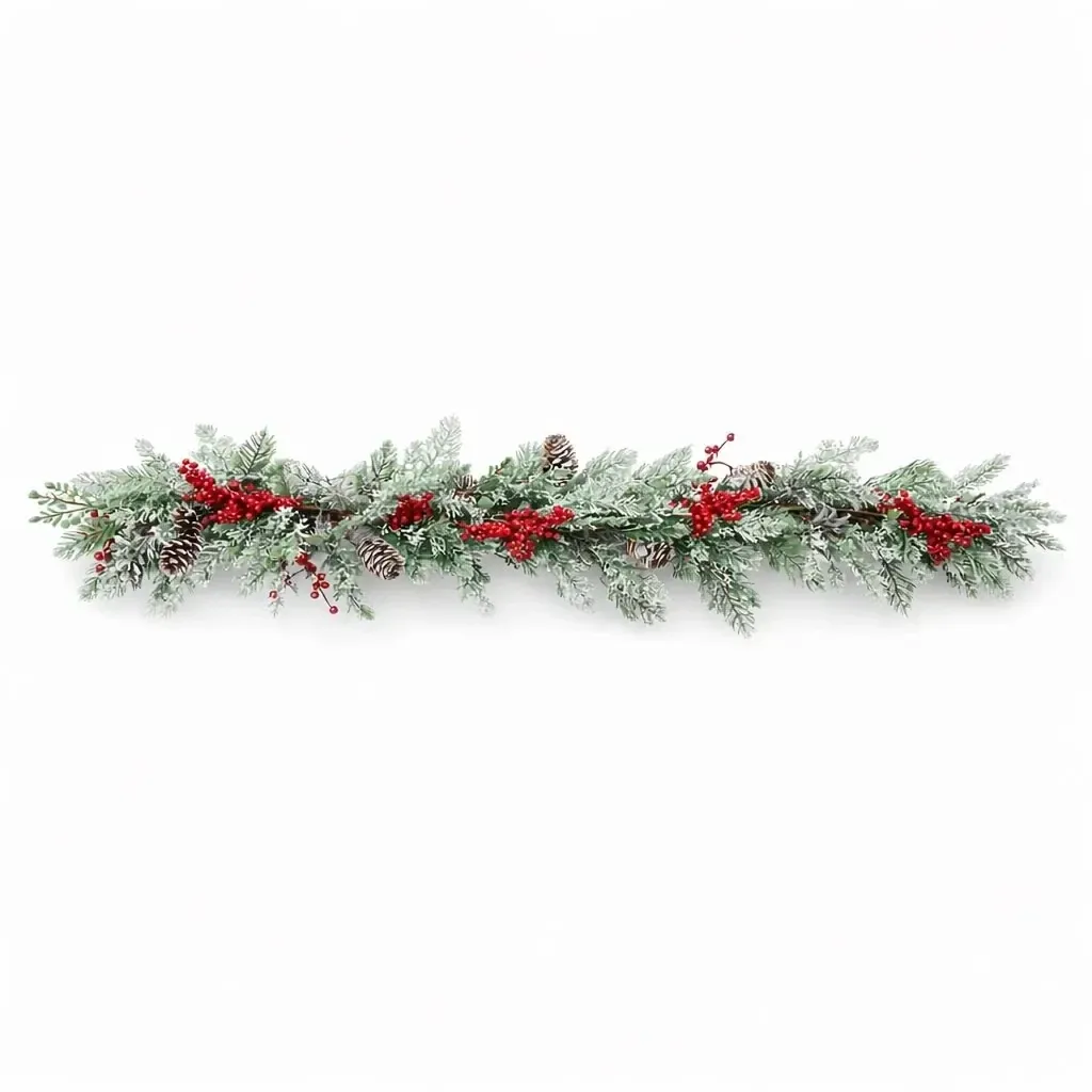 Sztuczna girlanda świąteczna 3D na stół z sosnowymi igłami i czerwonymi jagodami, 270 × 15 cm, olejowana