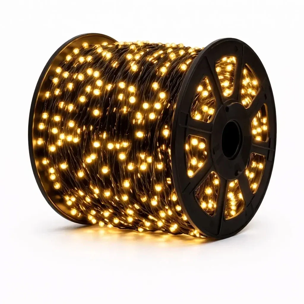 Łańcuch świetlny Eco Fix LED, 100 m, do użytku na zewnątrz, ciepła biel, 36 V, 1000 diod, czarny kabel, IP67, szpula