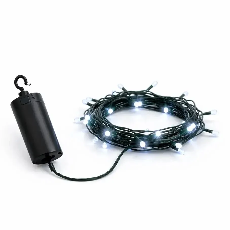 Lampki LED na baterie, do użytku na zewnątrz, 2,2 m, kolor lodowobiały, 20 diod, ciemnozielony kabel, IP44, pilot, 4 × AA