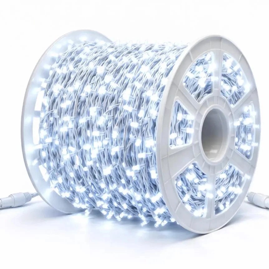 Produkcja - Łańcuch świetlny LED Easy Fix 100 m na zewnątrz lodowobiały, 2000 diod, biały przewód IP44, spirala