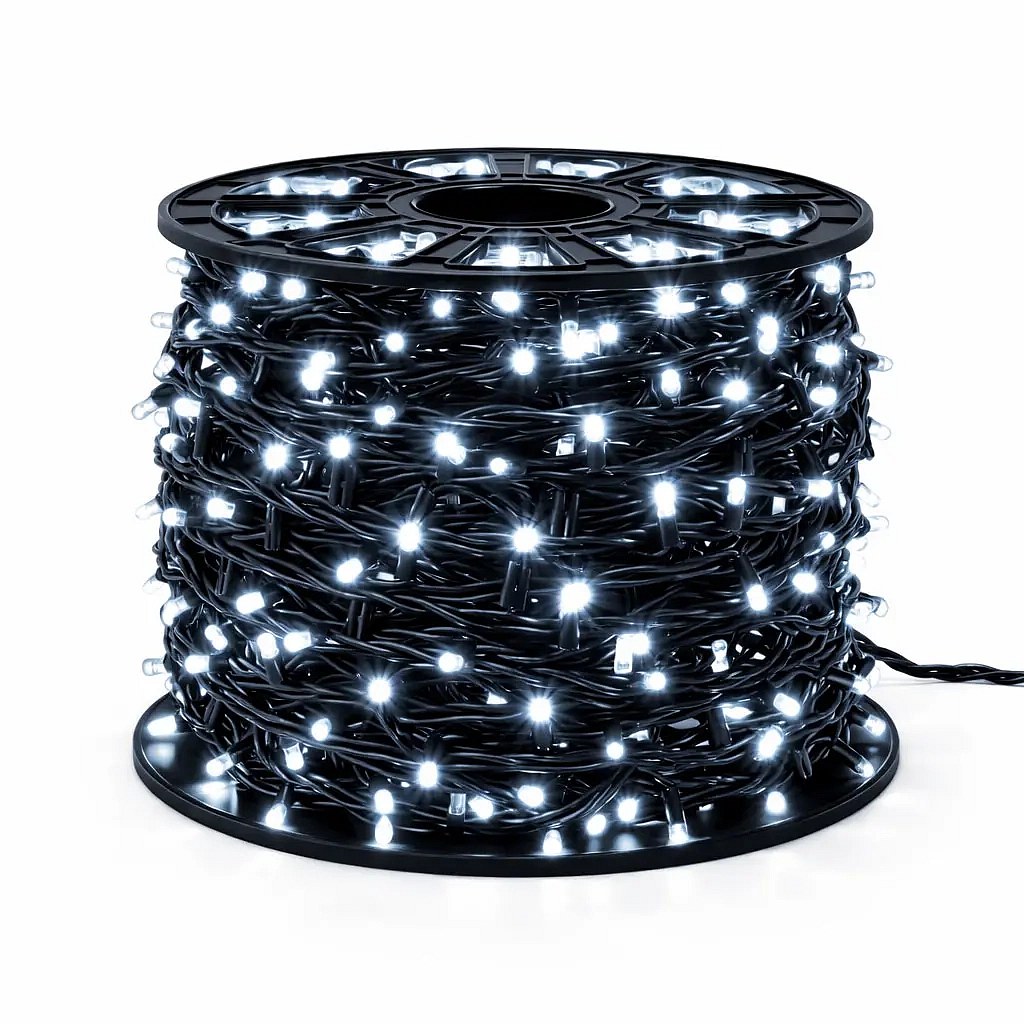 Łańcuch świetlny Easy Fix LED, 100 m, do użytku na zewnątrz, kolor lodowobiały z trybem FLASH, 600 diod, czarny kabel, IP67, szpula