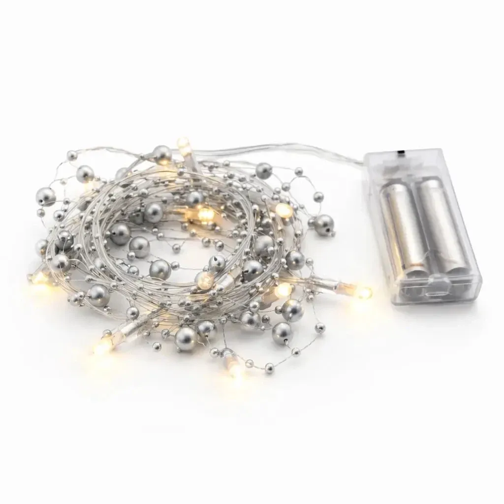 Lampki LED na baterie, srebrne perełki, 1,3 m, ciepła biel, 10 diod, przezroczysty przewód, IP20 do wnętrz, 2 × AA