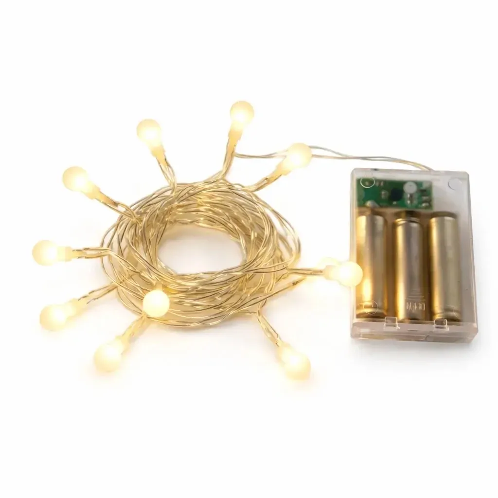 Lampki LED na baterie, kulki, 2,1 m, ciepła biel, 10 diod, przezroczysty kabel, IP20 do wnętrz, 3 × AA