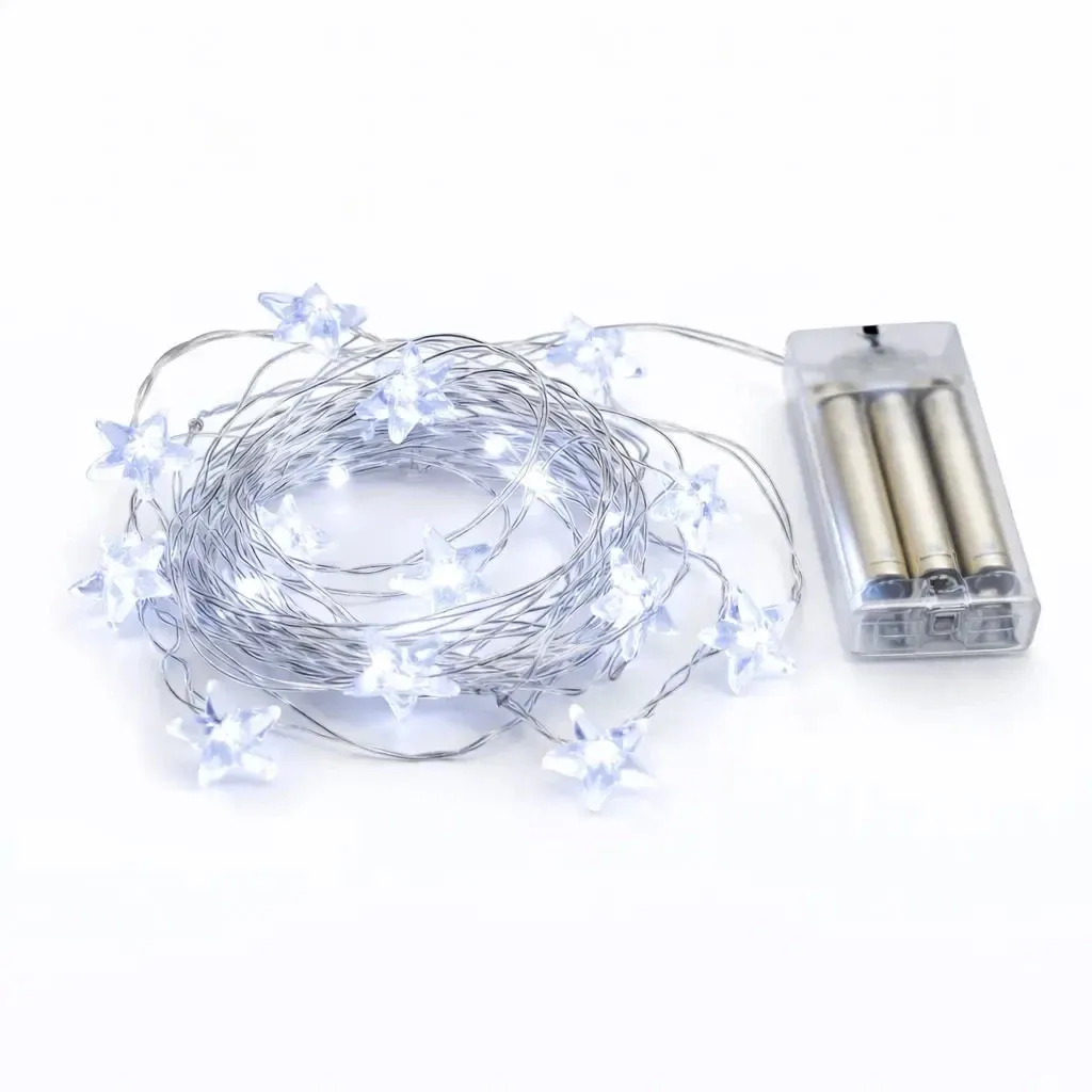 Lampki LED na baterie, gwiazdki, 2,3 m, biały lodowy, 20 diod, drut, IP20 do wnętrz, 3× AA