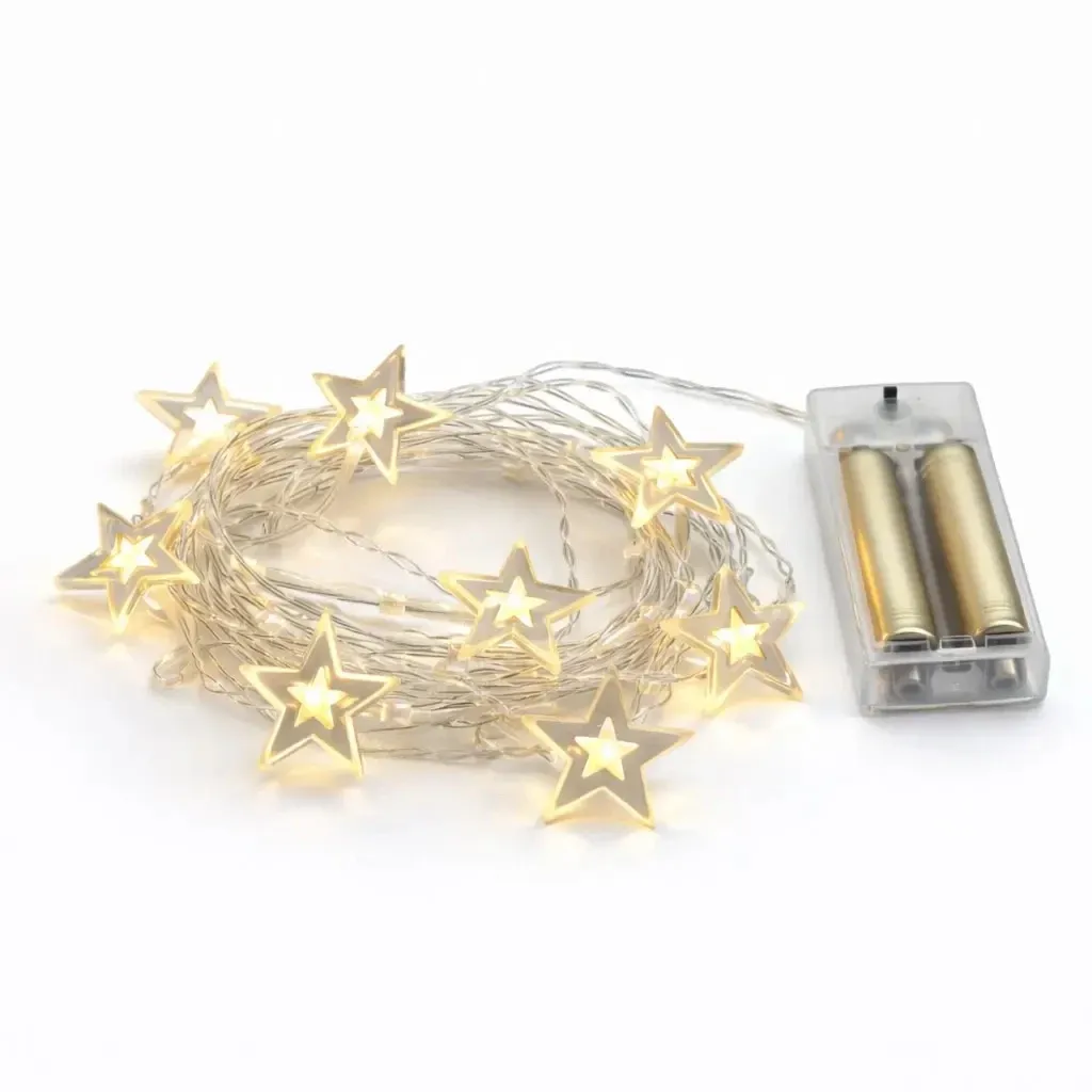 Lampki LED na baterie, akrylowe gwiazdki, 1,5 m, ciepła biel, 10 diod, przezroczysty przewód, IP20 do wnętrz, 2× AA