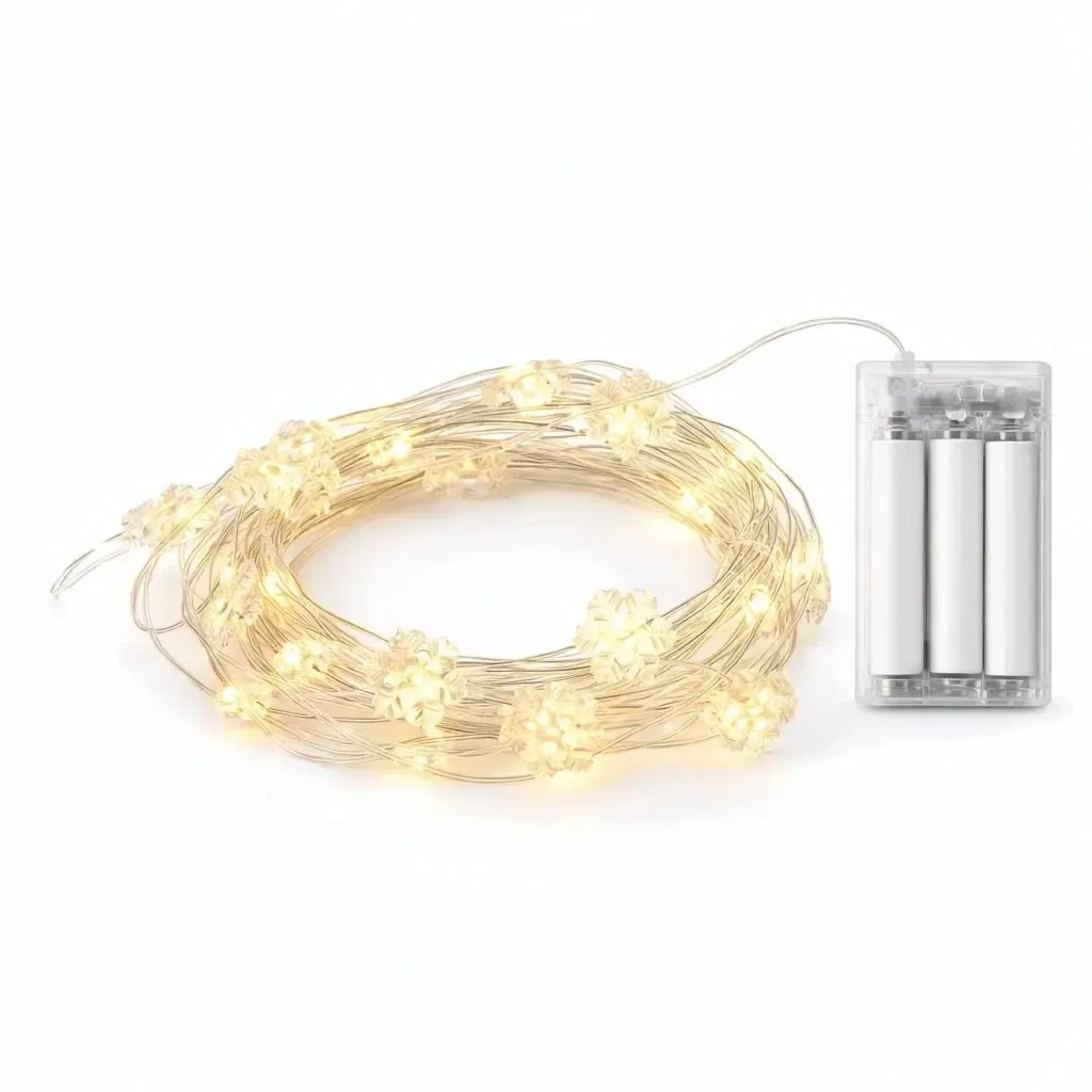 Lampki LED na baterie, w kształcie płatków śniegu, 2,3 m, ciepła biel, 20 diod, przezroczysty przewód, IP20 do wnętrz, 3 × AA