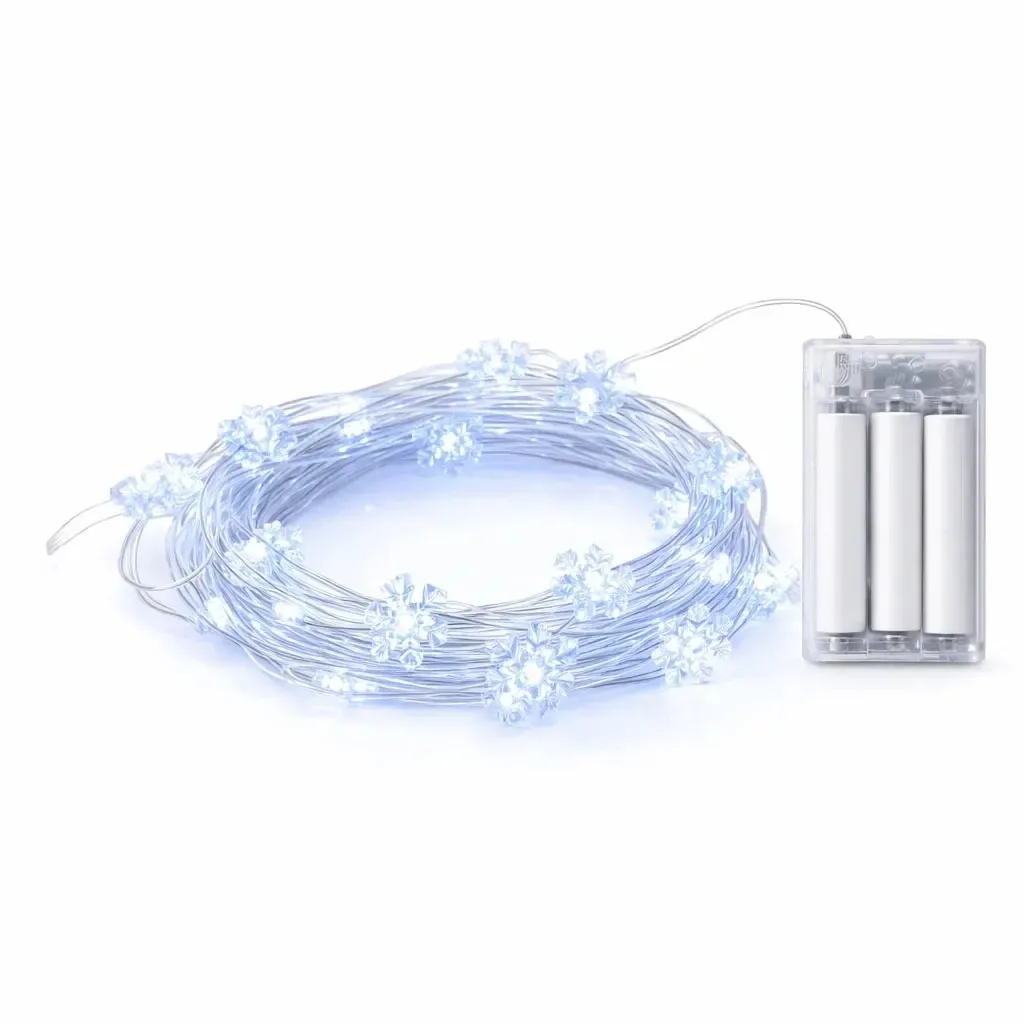 Lampki LED na baterie, w kształcie płatków śniegu, 2,3 m, kolor lodowobiały, 20 diod, przezroczysty kabel, IP20 do wnętrz, 3 × AA