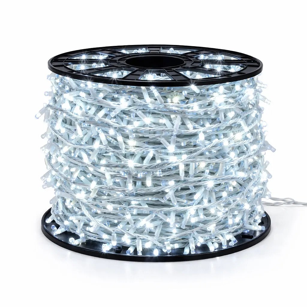 Łańcuch świetlny LED Easy Fix do użytku na zewnątrz, 100 m, barwa lodowobiała, 2000 diod, biały kabel, IP67, szpula