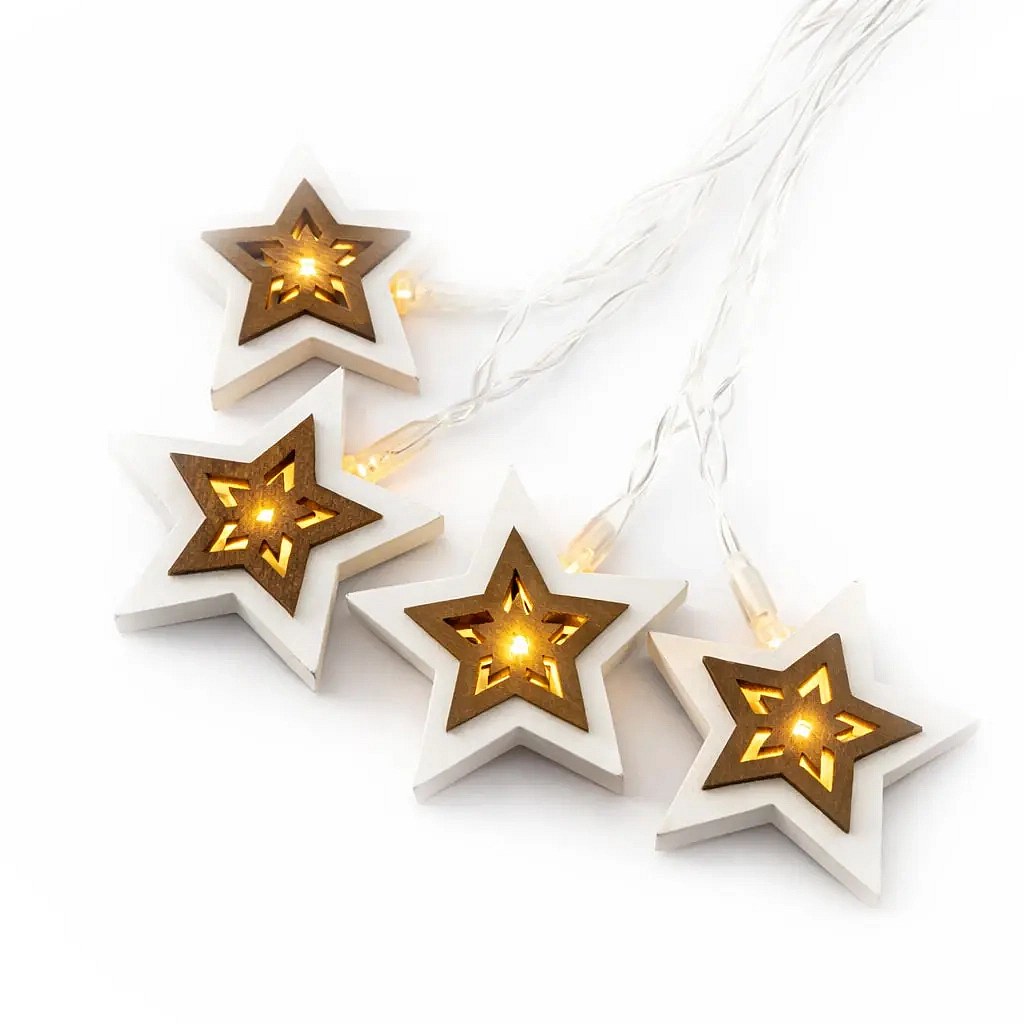 Lampki LED na baterie, drewniane gwiazdki, 1,8 m, ciepła biel, 10 diod, przezroczysty przewód, IP20 do wnętrz, 2 × AA