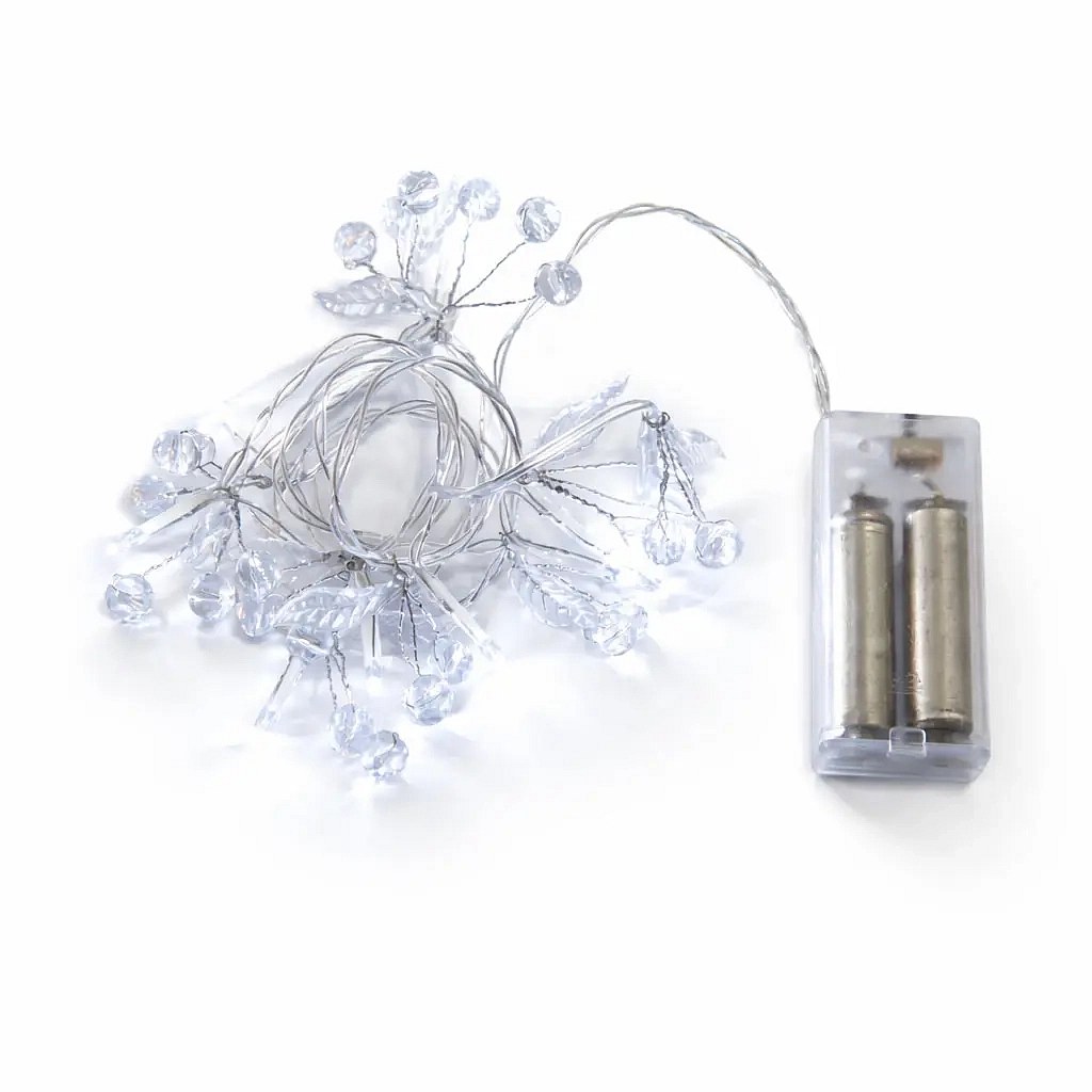 Lampki LED na baterie, kryształki, 1,3 m, biała lodowa, 10 diod, przezroczysty przewód, IP20 do wnętrz, 2 × AA