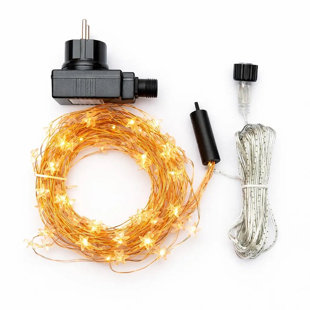 Łańcuch świetlny LED, gwiazdki, 12 pasm po 1,5 m, do użytku na zewnątrz, ciepła biel, 180 diod, kabel miedziany, IP44, wraz z zasilaczem