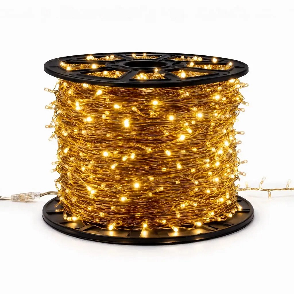 Łańcuch świetlny LED do wnętrz Easy Fix, 100 m, ciepła biel, 2000 diod, ciemnozłoty kabel, IP20, szpula