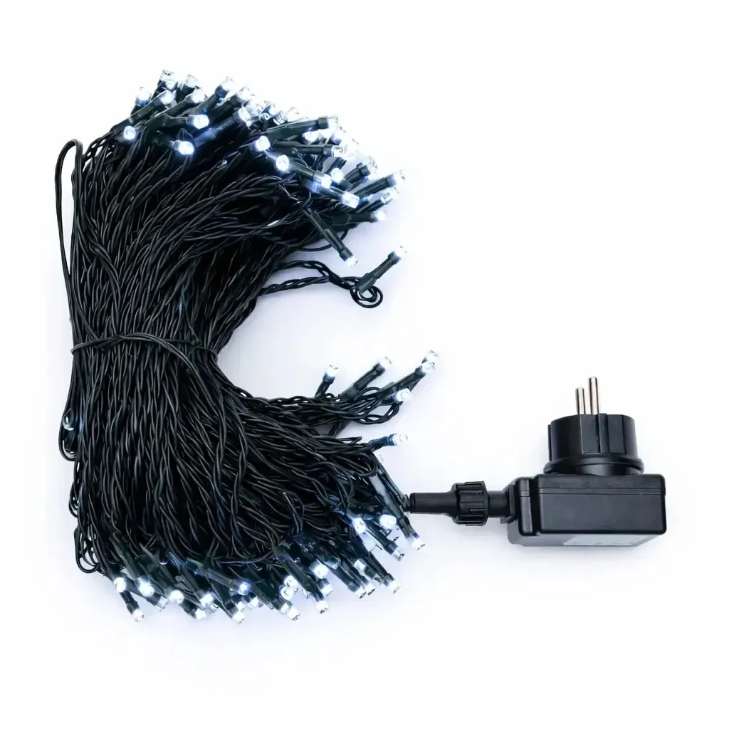 Łańcuch świetlny LED, do użytku na zewnątrz, 40 m, kolor lodowobiały, 200 diod, czarny kabel, IP44, wraz z zasilaczem