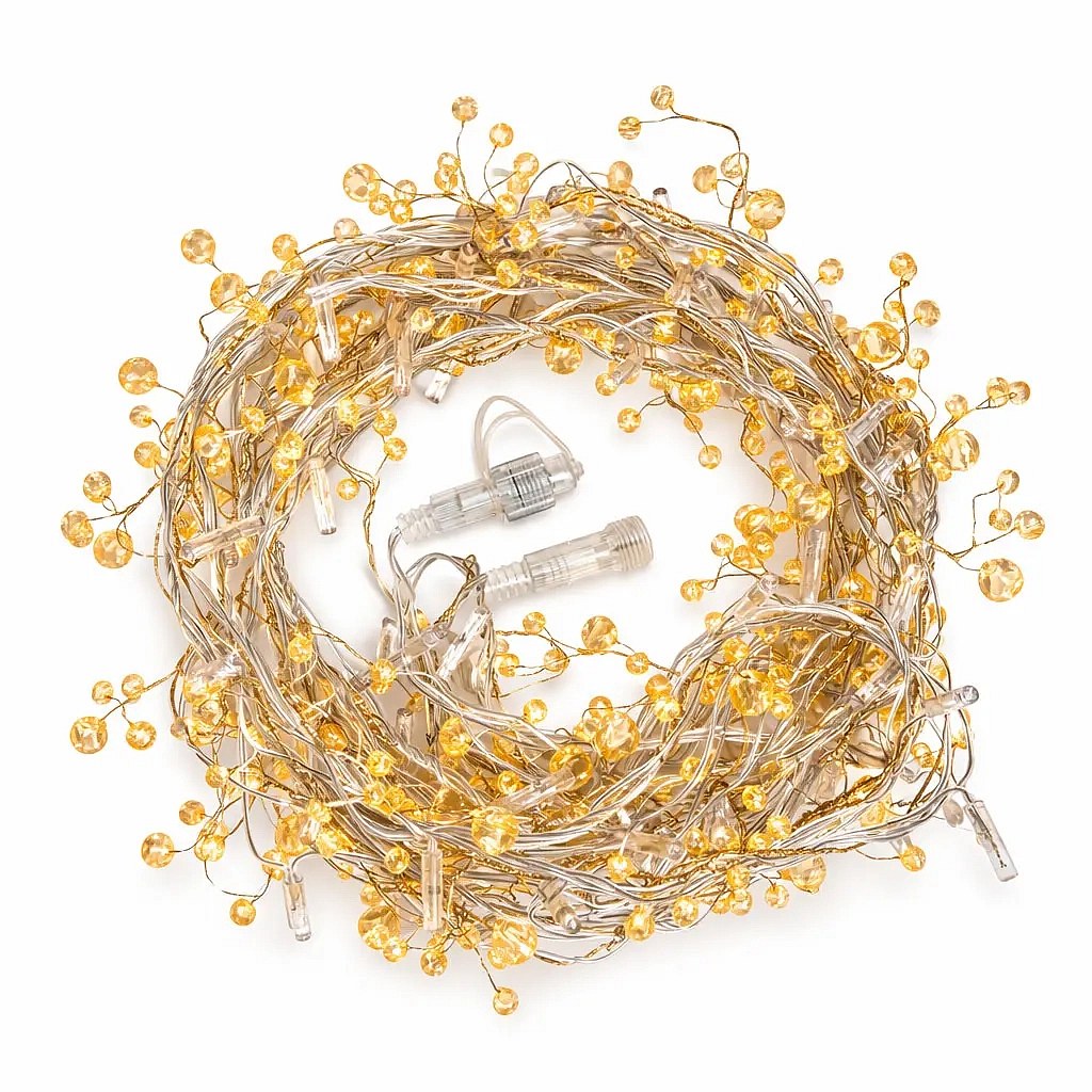 Łańcuch świetlny Eco Fix LED, zewnętrzny z kryształkami, ciepła biel z trybem FLASH, 8 m, 80 diod, przezroczysty kabel, IP44, 24 V