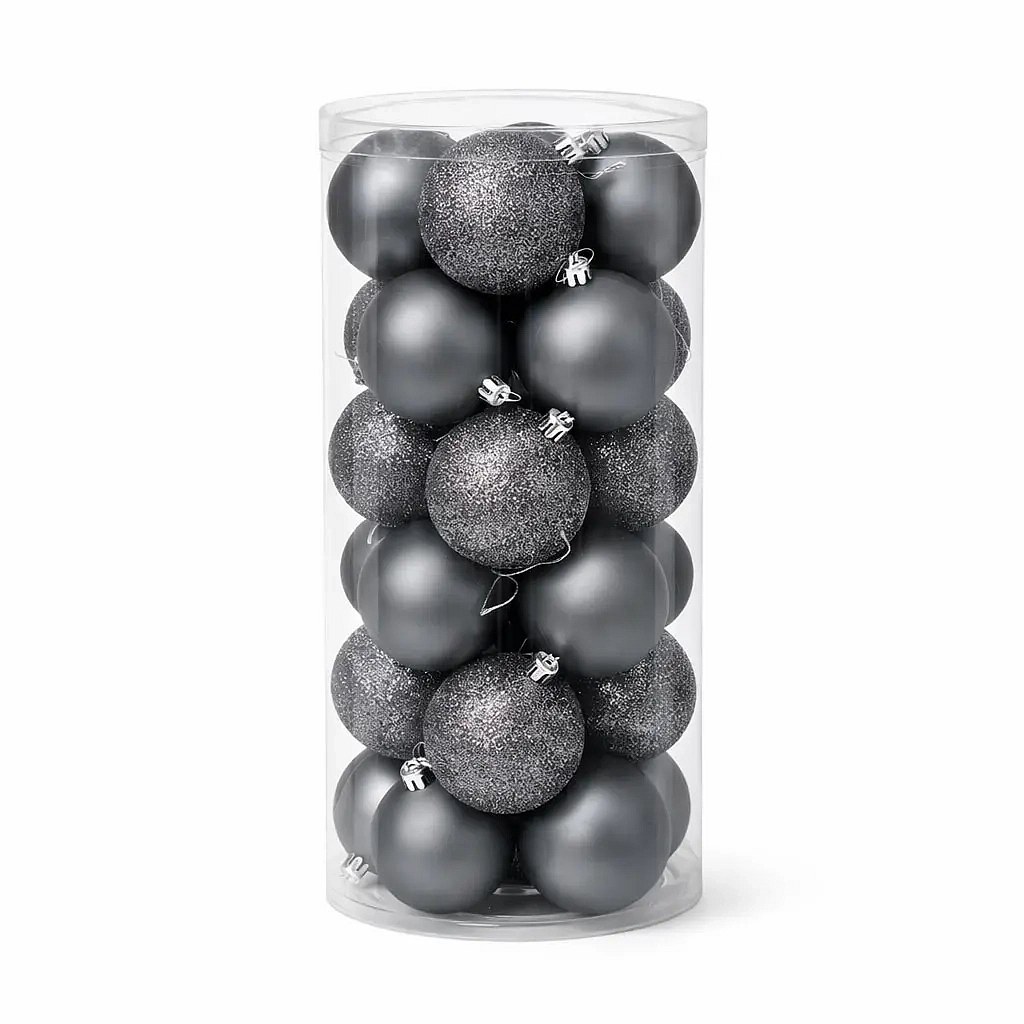 Zestaw ozdób świątecznych w kolorze ciemnego srebra, plastikowa kolba 6 cm, 12× brokat, 12× mat, opakowanie 24 szt.