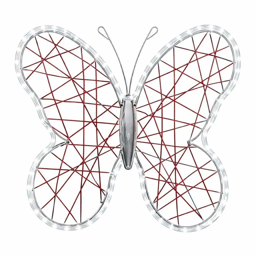 Dekoracja wielkanocna Easy Fix 3D czerwony motyl 70 cm, lodowo-biała dioda LED, plastikowa plecionka i aluminiowa rama