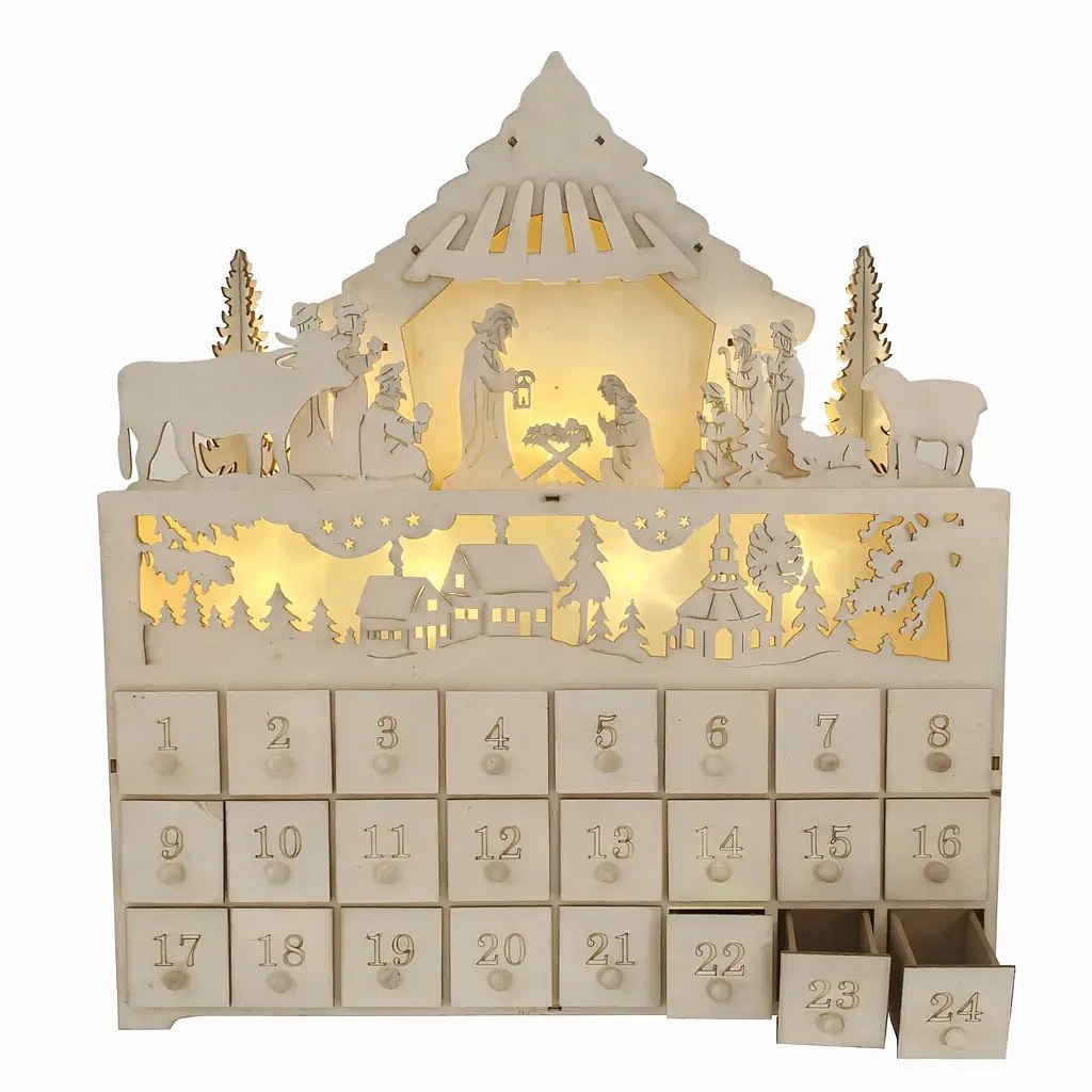 Kalendarz adwentowy LED z motywem szopki i wioski, drewniany, 43 × 47 × 8 cm, zasilany 2 bateriami AA