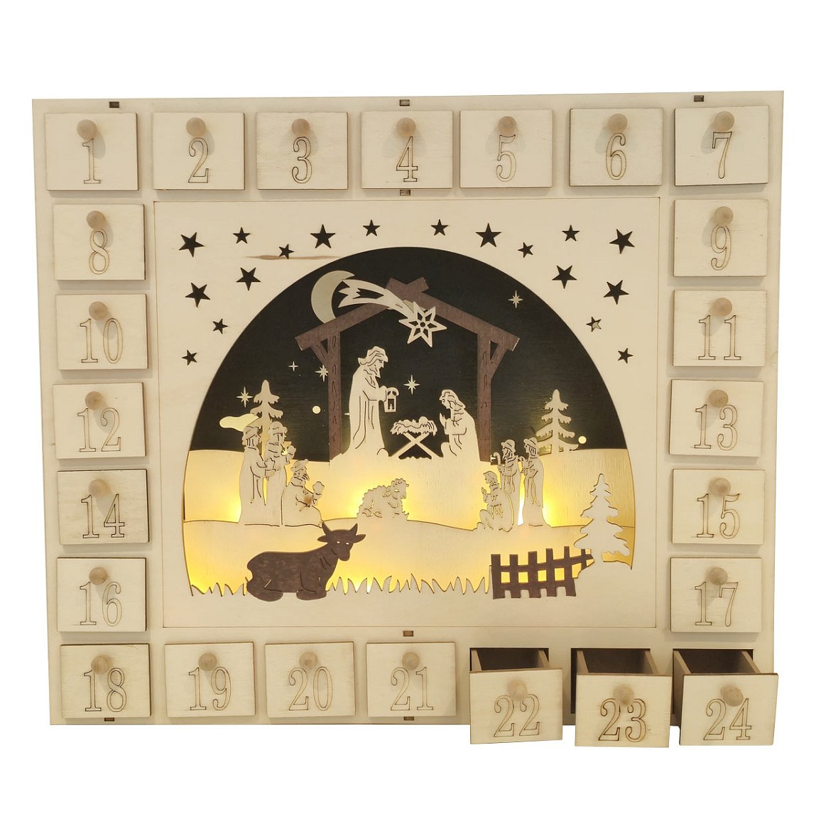 Kalendarz adwentowy z diodami LED, szopka i gwiazdy, drewniany, 39 × 33,5 × 7 cm, zasilany 2 bateriami AA