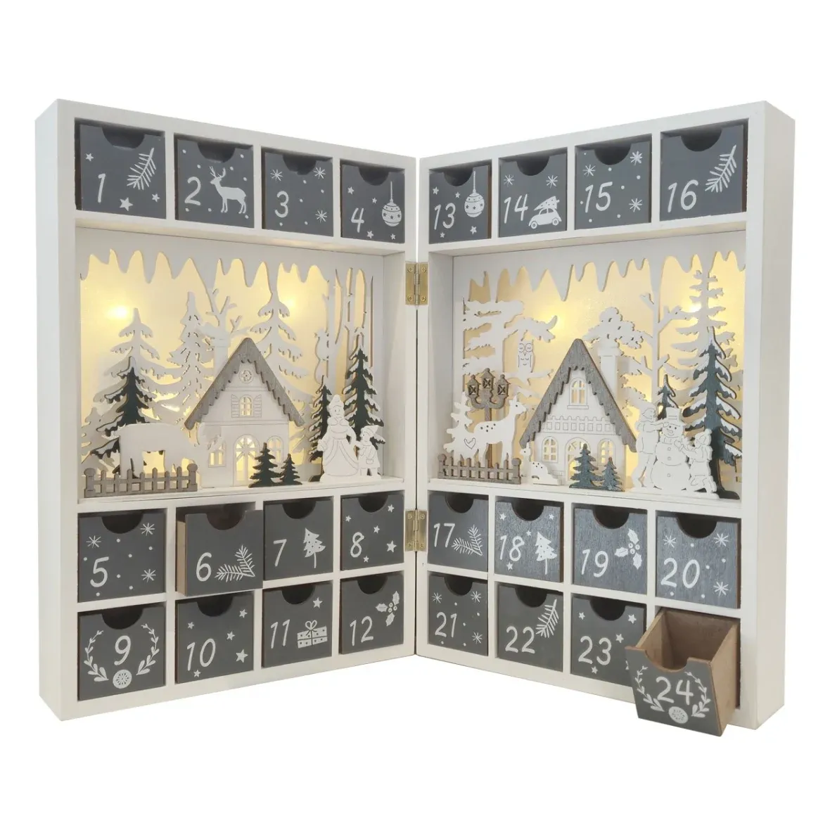 Kalendarz adwentowy z diodami LED, drewniana książka, 23,5 × 34,5 × 11 cm, biały, szary i zielony, z otwieranymi okienkami, zasilany 2 bateriami AA