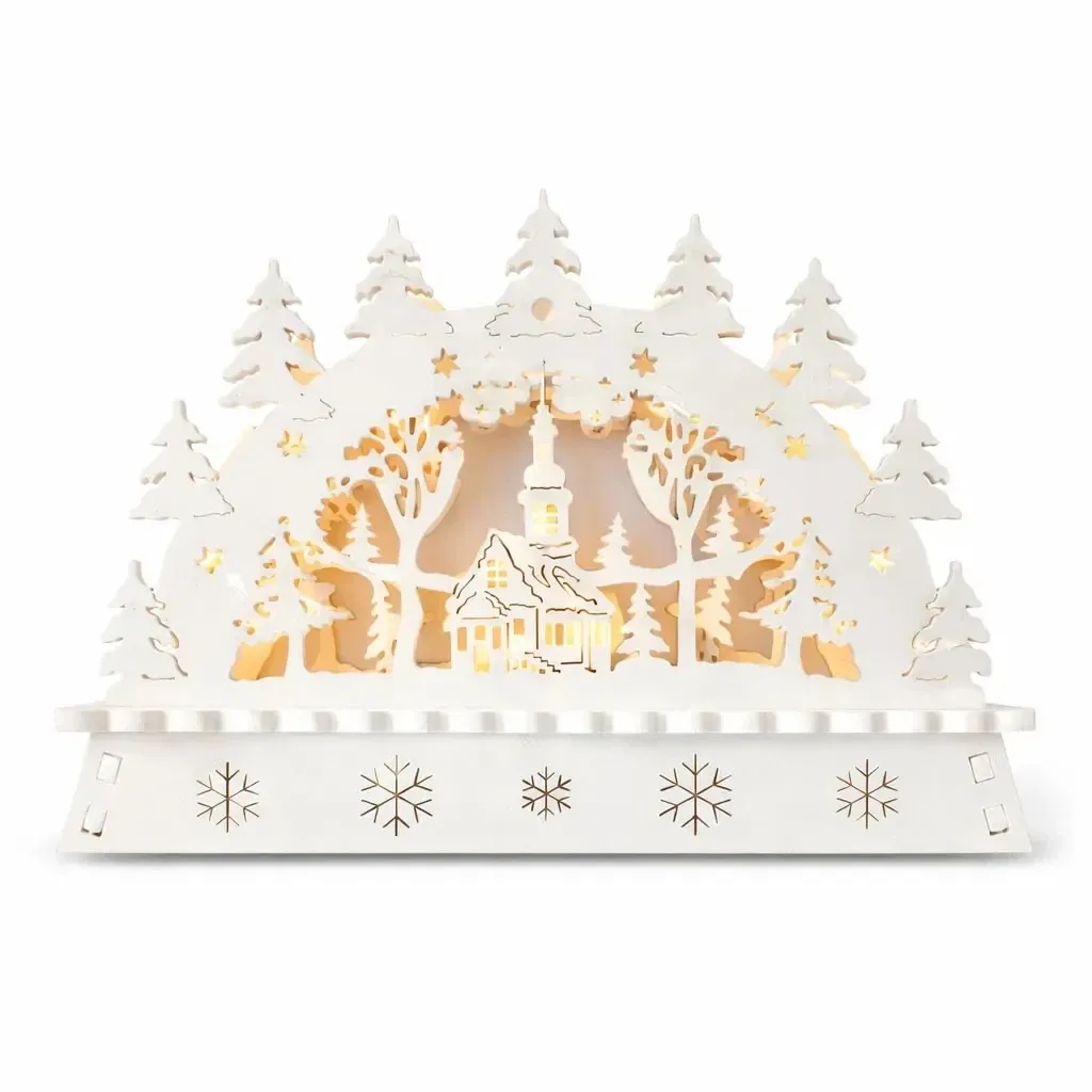 Świąteczny świecznik LED do okna, kościół w lesie, drewniany, 15 × 11 × 5 cm, ciepła biel, zasilany 2 bateriami AA