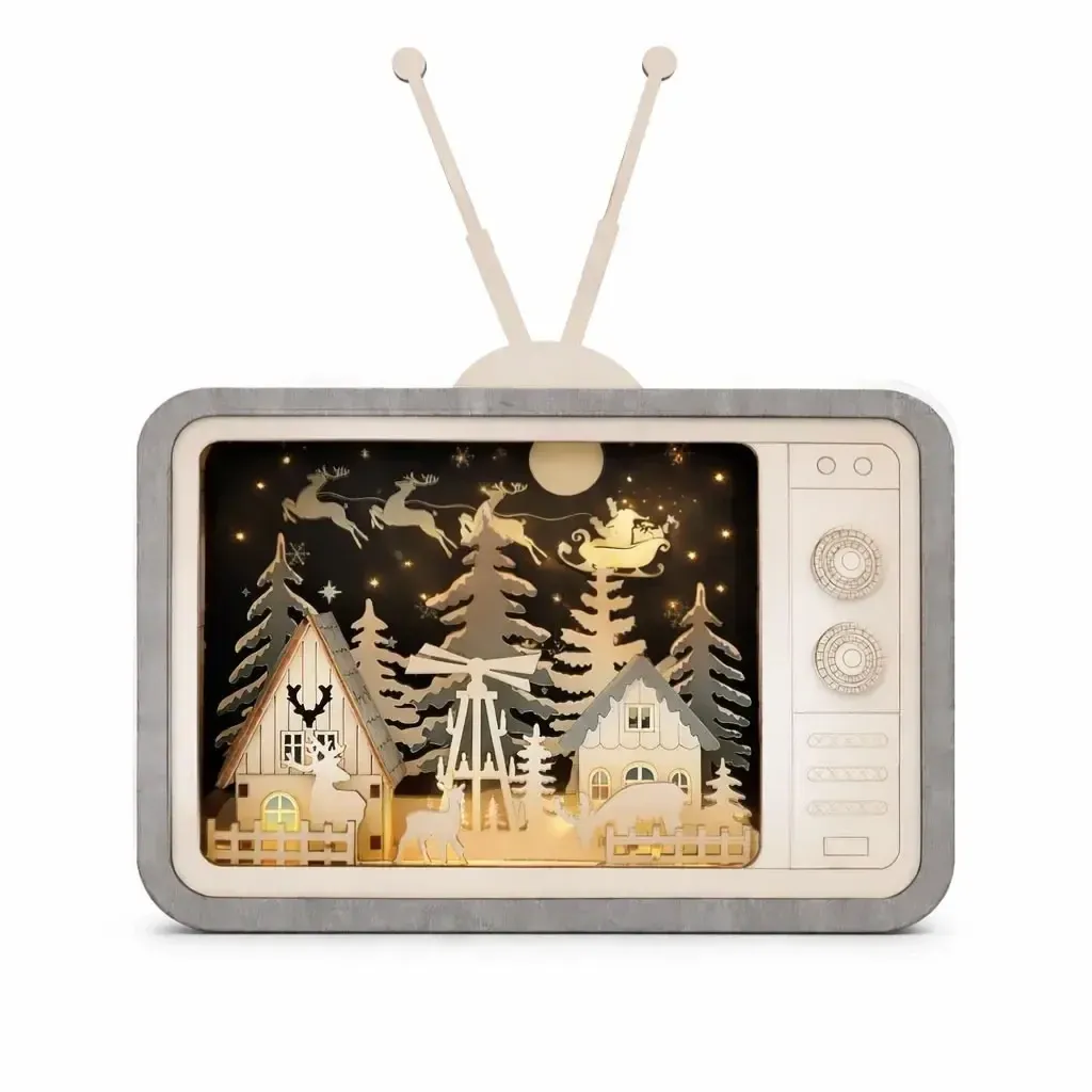 Drewniana dekoracja LED wioska na telewizorze, 26 × 33,5 × 8 cm, ciepła biel, AA