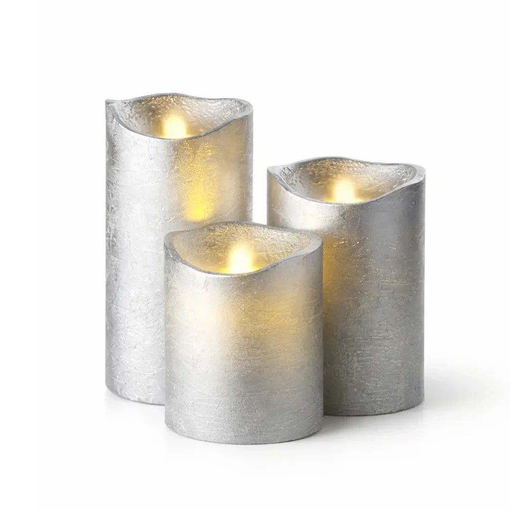 _Wycofane Zestaw świeczek LED na baterie, srebrne, Ø 7,5 × 10/12,5/15 cm, z pilotem, 2× AA, 3 sztuki
