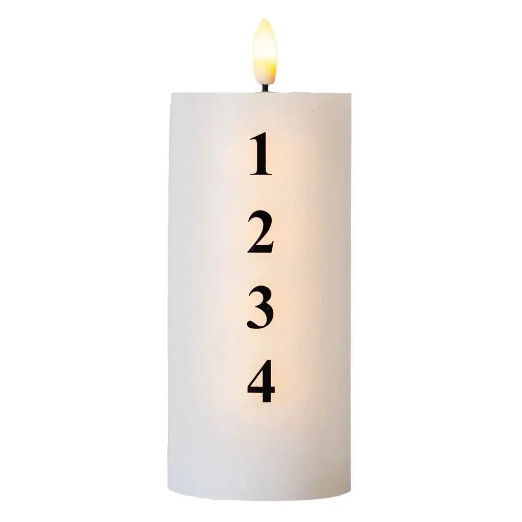 Świeca woskowa na baterie LED Sille Advent z cyframi, Ø 7 × 15 cm, biała/czarna