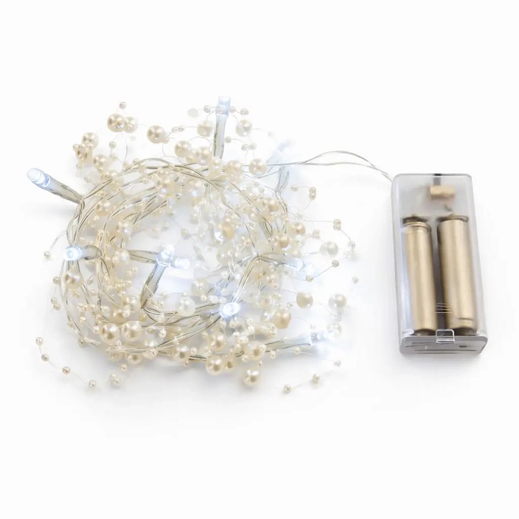 Lampki LED na baterie, białe perełki, 1,3 m, lodowobiały, 10 diod, IP20 do wnętrz, 2 × AA