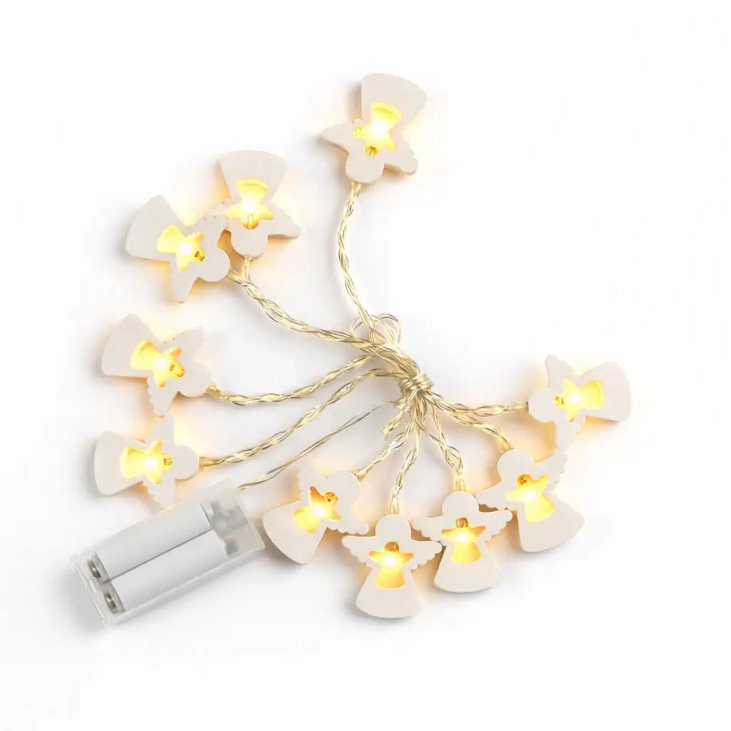 Lampki LED na baterie, drewniane aniołki, 2 m, ciepła biel, 10 diod, przezroczysty przewód, IP20 do wnętrz, 2 × AA